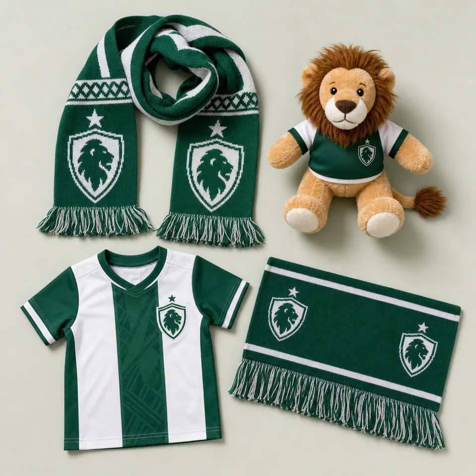 football club line: knitted scarf, mascot plush, kids kit, bar scarf