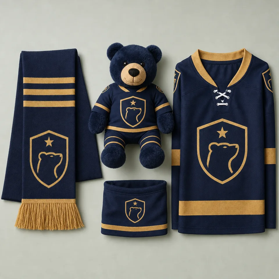 ice hockey club line: scarf, bear mascot plush, jersey, snood