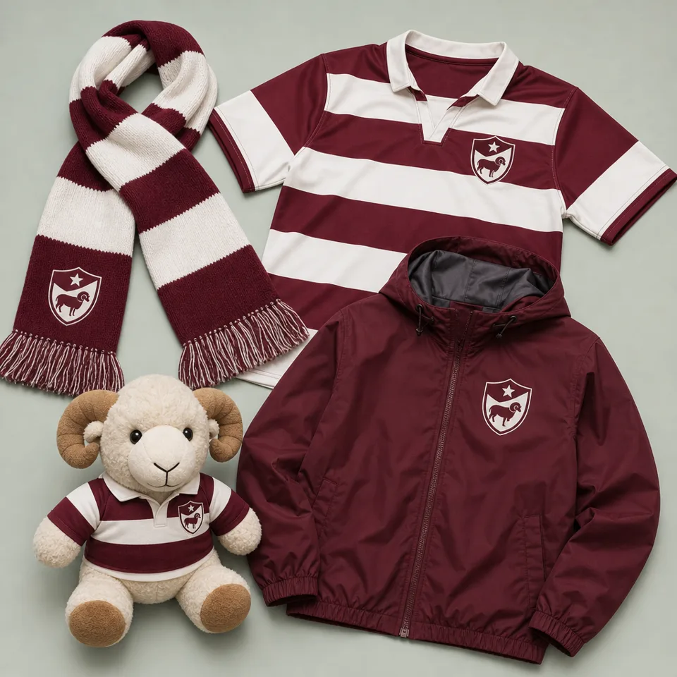 rugby club line: hooped scarf, rugby shirt, ram mascot plush, rain jacket