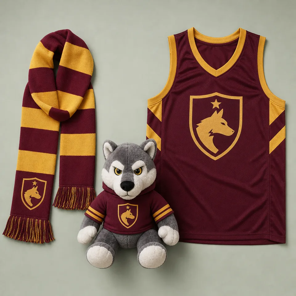 college line: bar-striped scarf, wolf mascot plush, basketball jersey