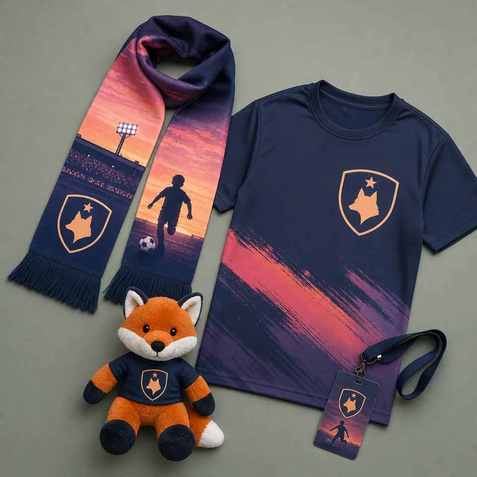 youth cup event line: printed scarf, fox mascot plush, volunteer tee